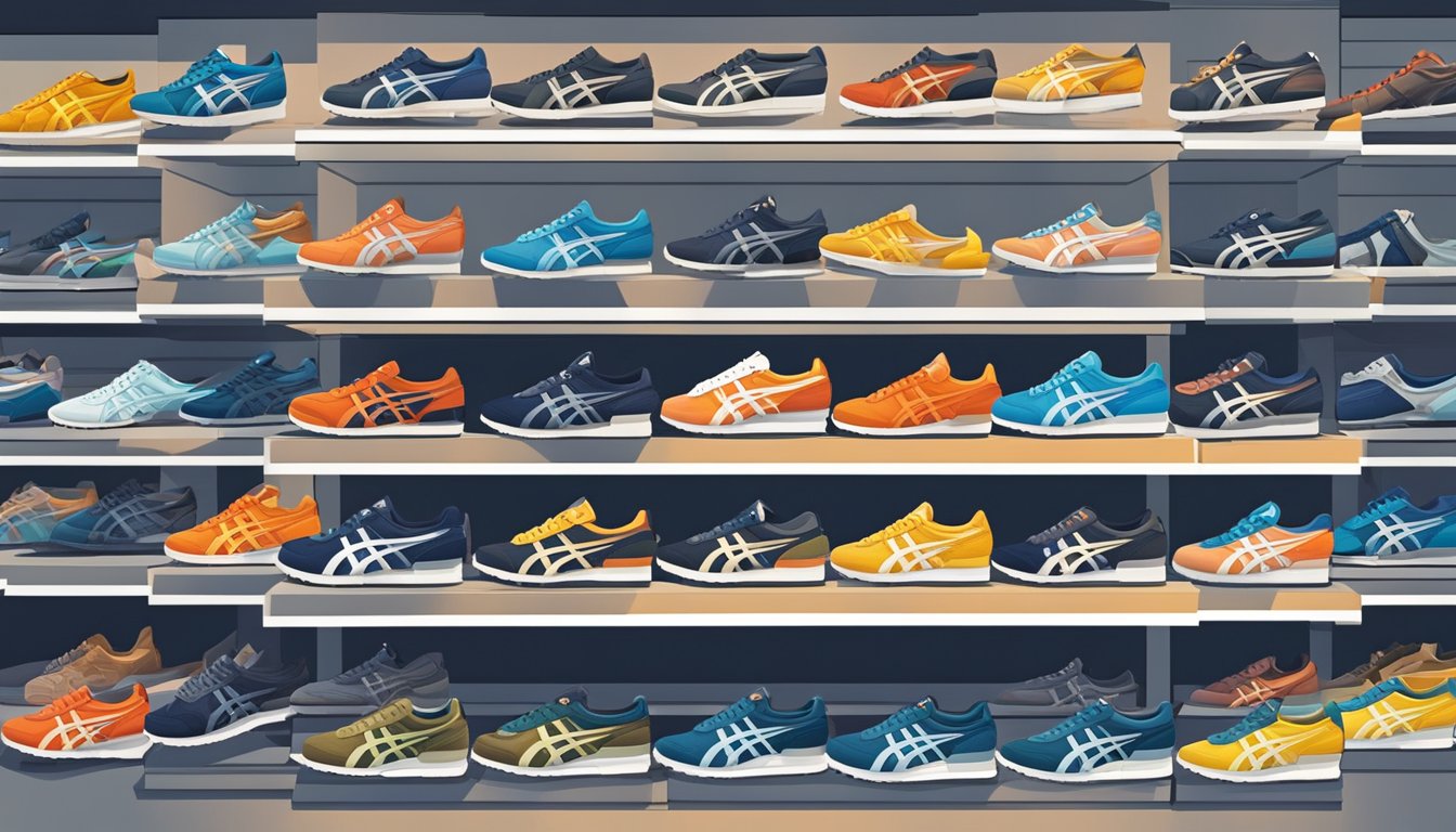A display of Onitsuka Tiger shoes in a Singapore store, with prominent signage indicating "Frequently Asked Questions: Where to buy Onitsuka Tiger shoes in Singapore."