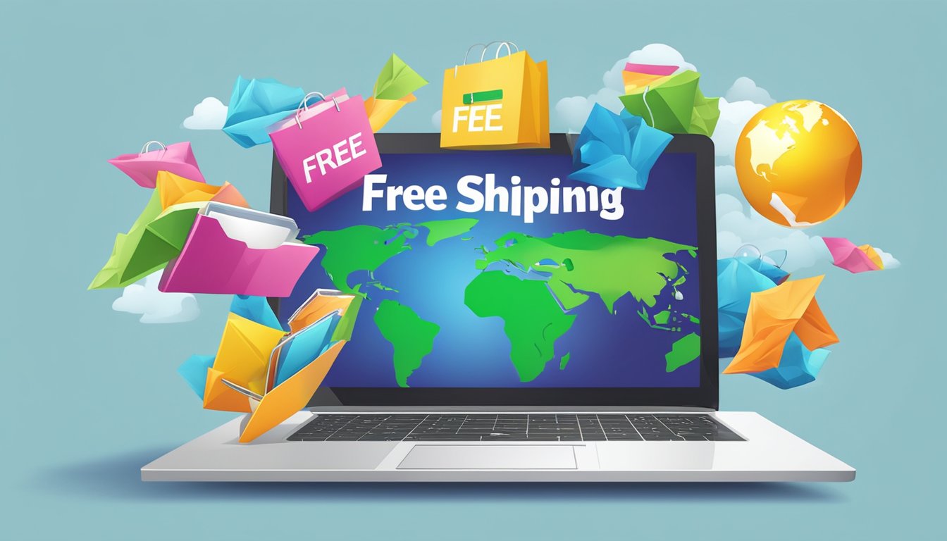 Colorful clothing items flying out of a laptop screen, surrounded by a globe with "free shipping" text