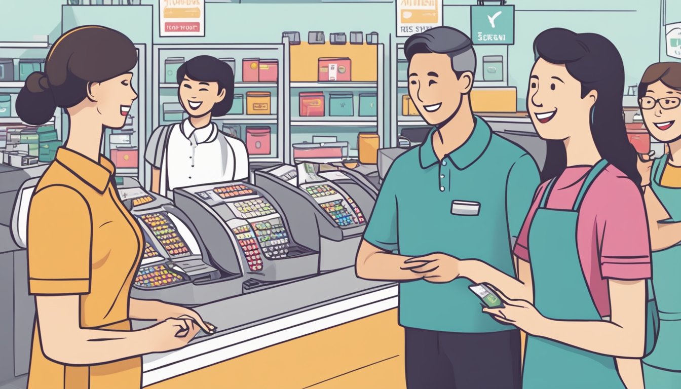 Customers line up at a store counter, pointing to a sign that reads "Frequently Asked Questions buy cash register singapore." The cashier assists them with a friendly smile