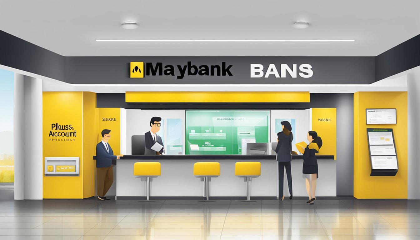 A sleek, modern bank branch with a prominent "Maybank Privilege Plus Savings Account" sign. Customers are engaged in friendly conversations with knowledgeable staff