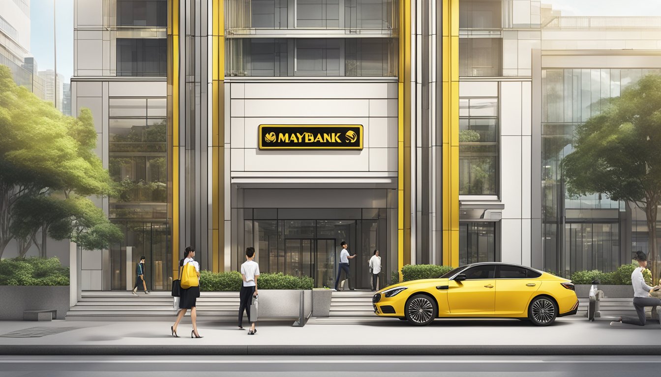 A Maybank Privilege Plus Savings Account in Singapore is showcased with a modern and professional setting, featuring the bank logo and sleek digital interface