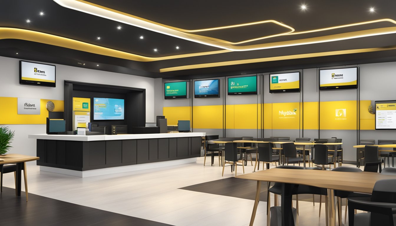 The scene is a modern bank branch with a sleek and sophisticated design. The Maybank Privilege Plus logo is prominently displayed, and there are digital screens showcasing the account's perks