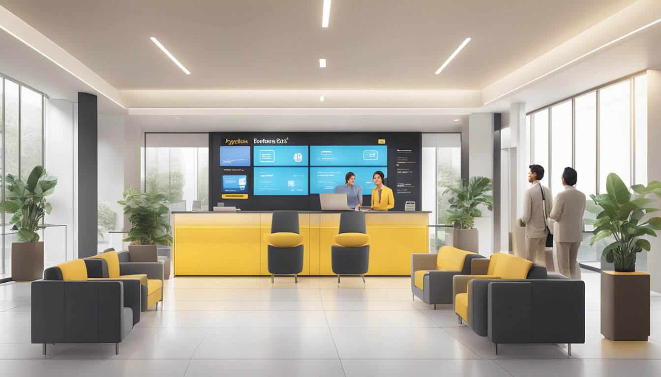 A modern bank branch with digital displays showcasing Maybank Privilege Plus Savings Account benefits, customers interacting with staff, and a comfortable waiting area