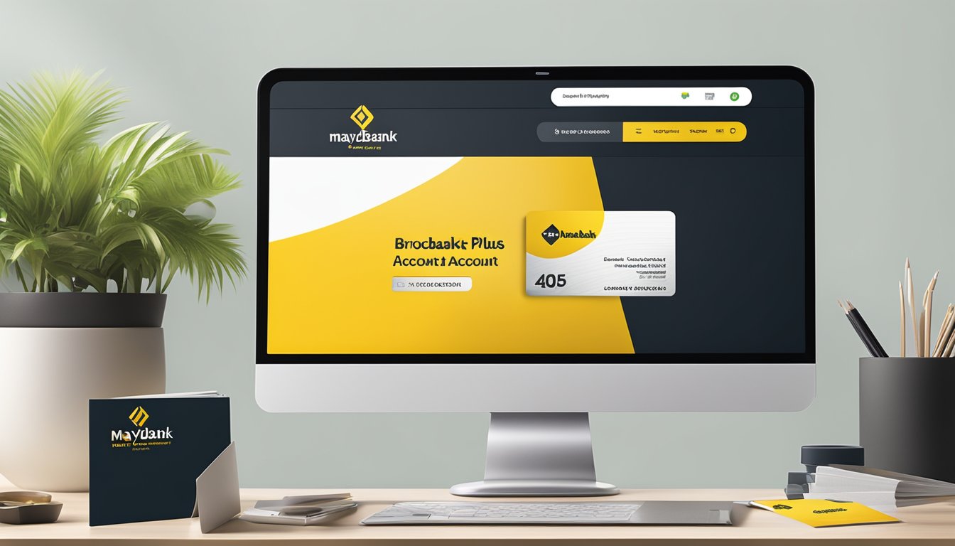 A bank logo and a stack of brochures on a desk with a computer screen displaying the Maybank Privilege Plus Savings Account webpage