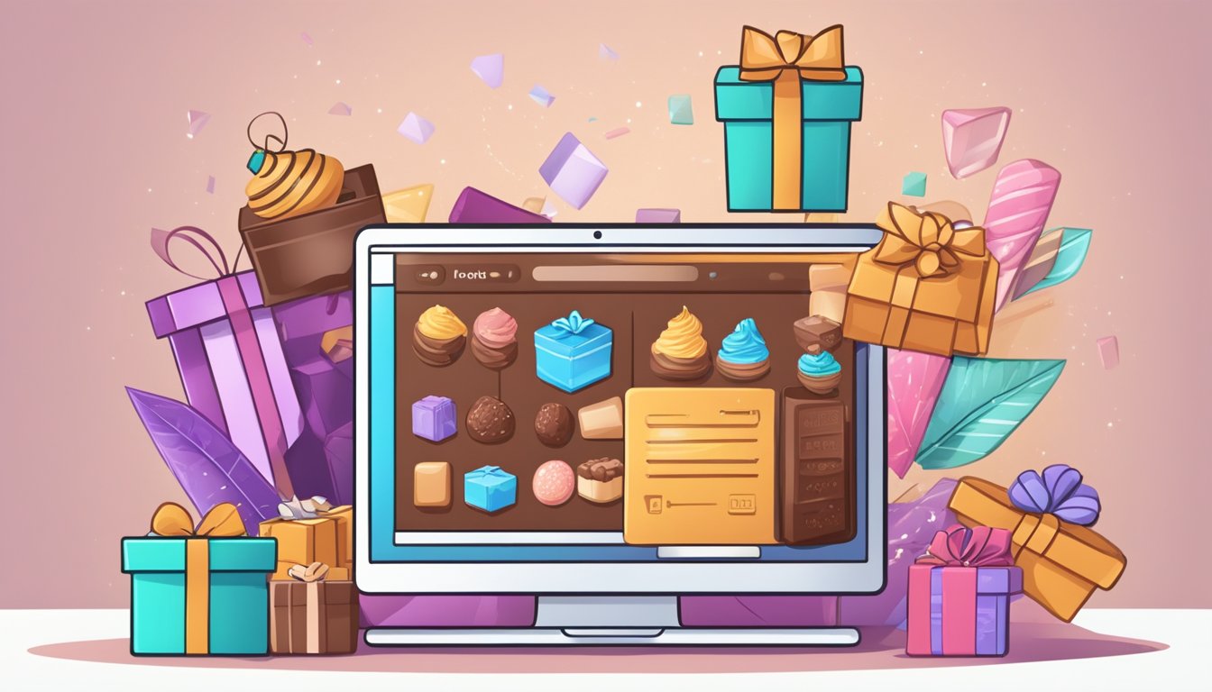 A computer screen displaying a website with various chocolate gift options. A hand cursor clicks on a product to add to cart
