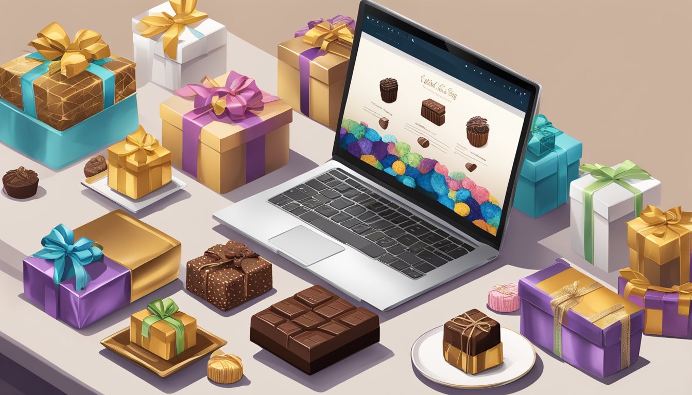 A table is adorned with an array of decadent chocolate gifts, neatly wrapped and displayed. A laptop is open, with a website showcasing a variety of options to buy chocolate gifts online