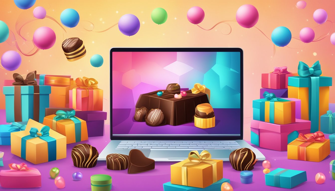 A laptop displaying a variety of chocolate gifts on an online shopping website, surrounded by colorful packaging and a festive background