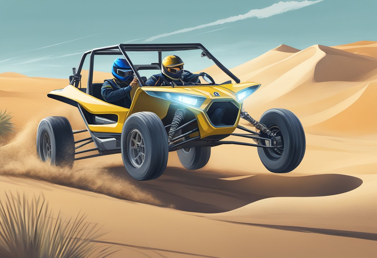 A 2-seater off-road dune buggy speeding through desert sand dunes