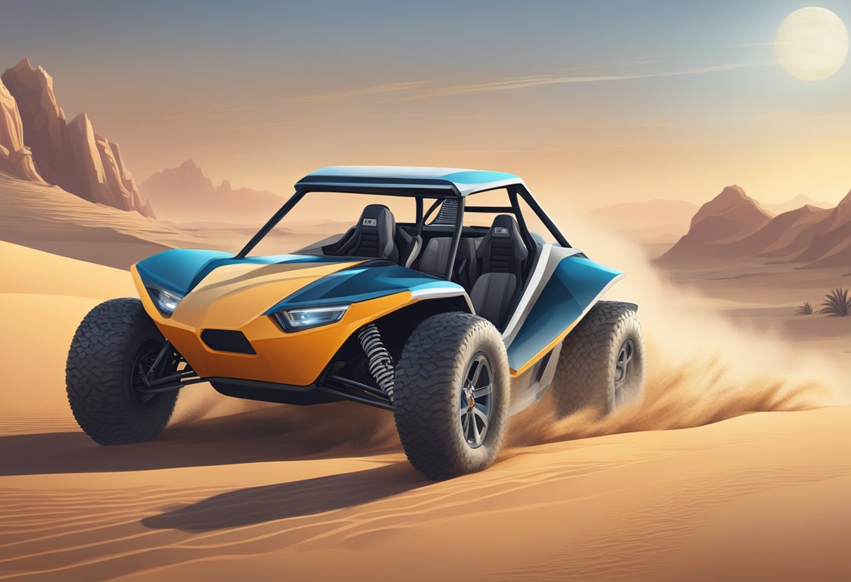 A 2-seater off-road dune buggy with rugged tires and a sleek, aerodynamic design, speeding across a sandy desert landscape