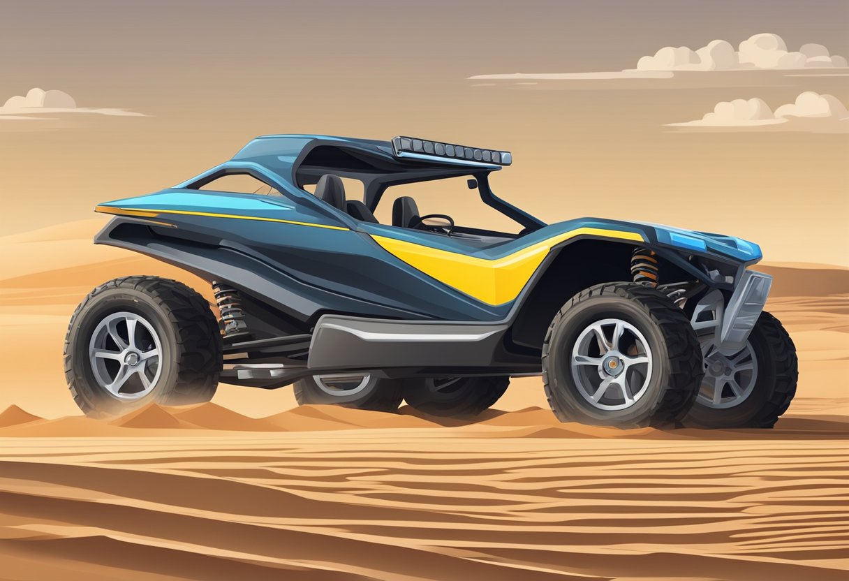 Two-seater off-road dune buggy parked in desert sand, with rugged tires and sleek design