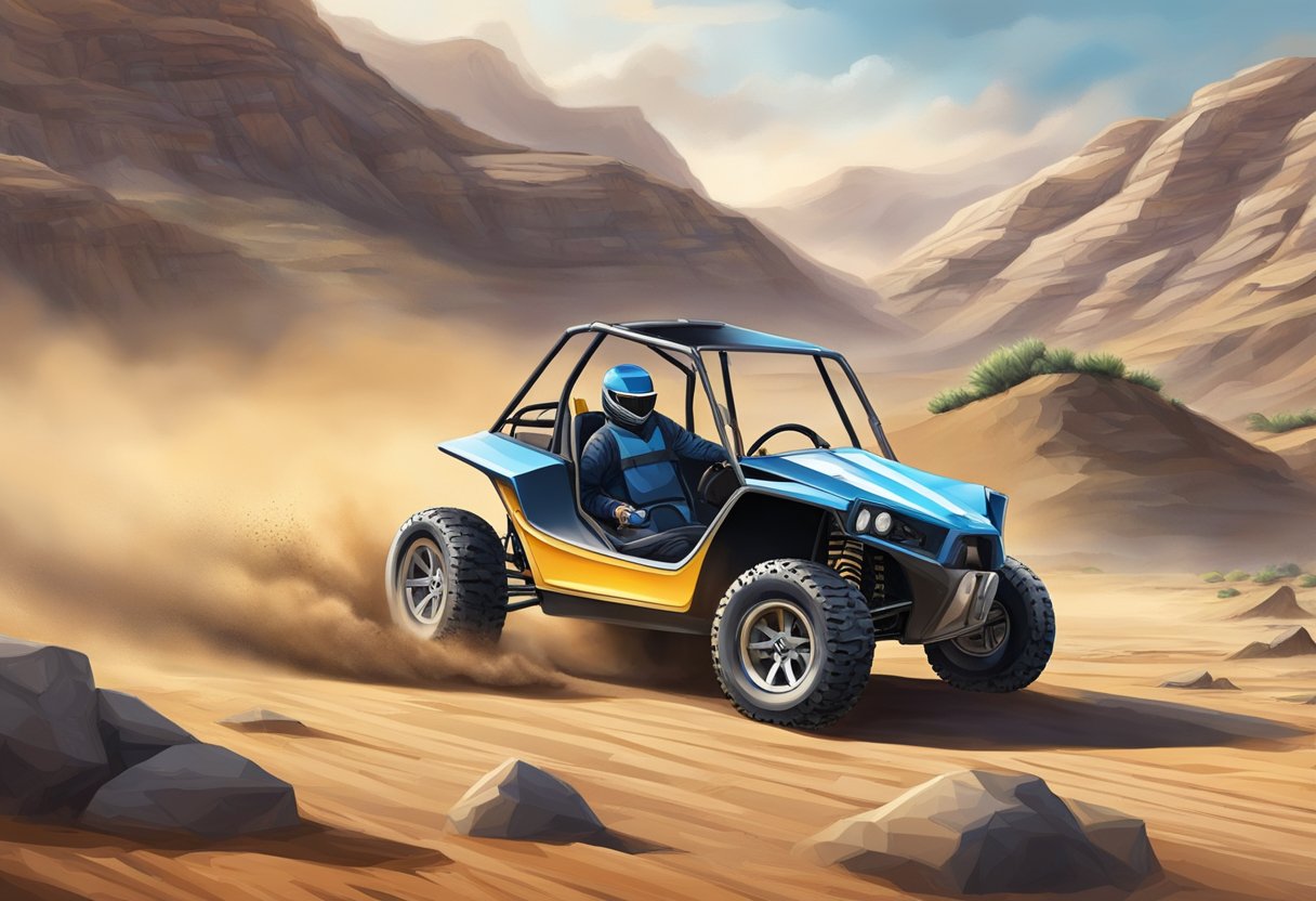 A 2-seater off-road dune buggy conquers rugged terrain with ease, kicking up dust and dirt as it navigates through rocky obstacles