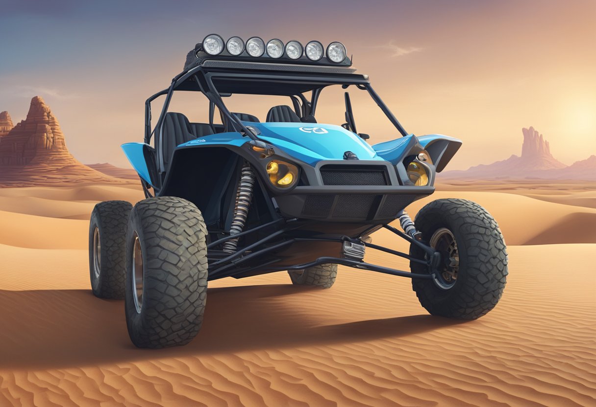 A 2 seater off-road dune buggy parked in a desert with legal and registration stickers displayed prominently on the vehicle