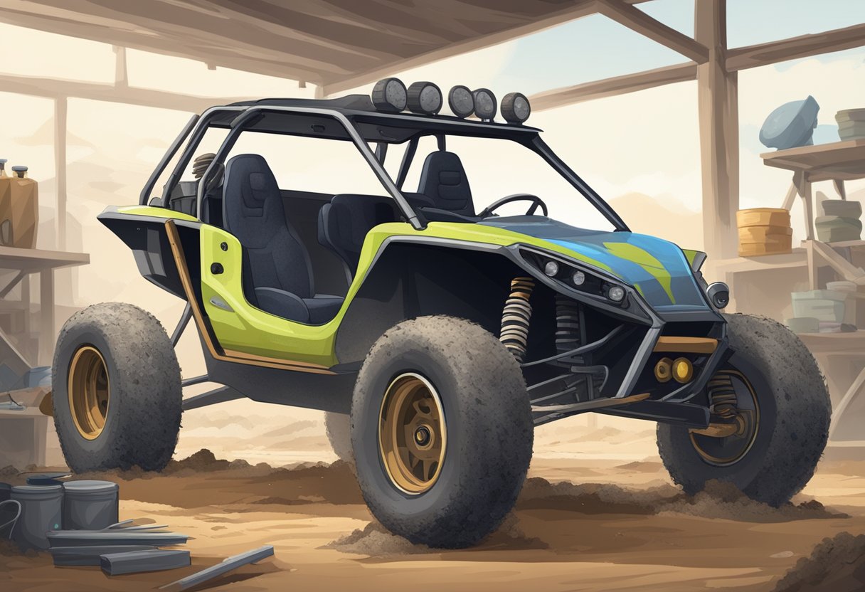 A 2-seater off-road dune buggy sits in a garage, surrounded by tools and equipment. The buggy is covered in dirt and mud, with signs of wear and tear