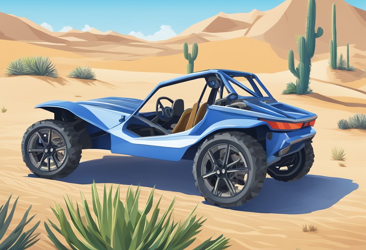 A 2-seater off-road dune buggy parked in a desert, surrounded by sand dunes and cacti, with a clear blue sky overhead