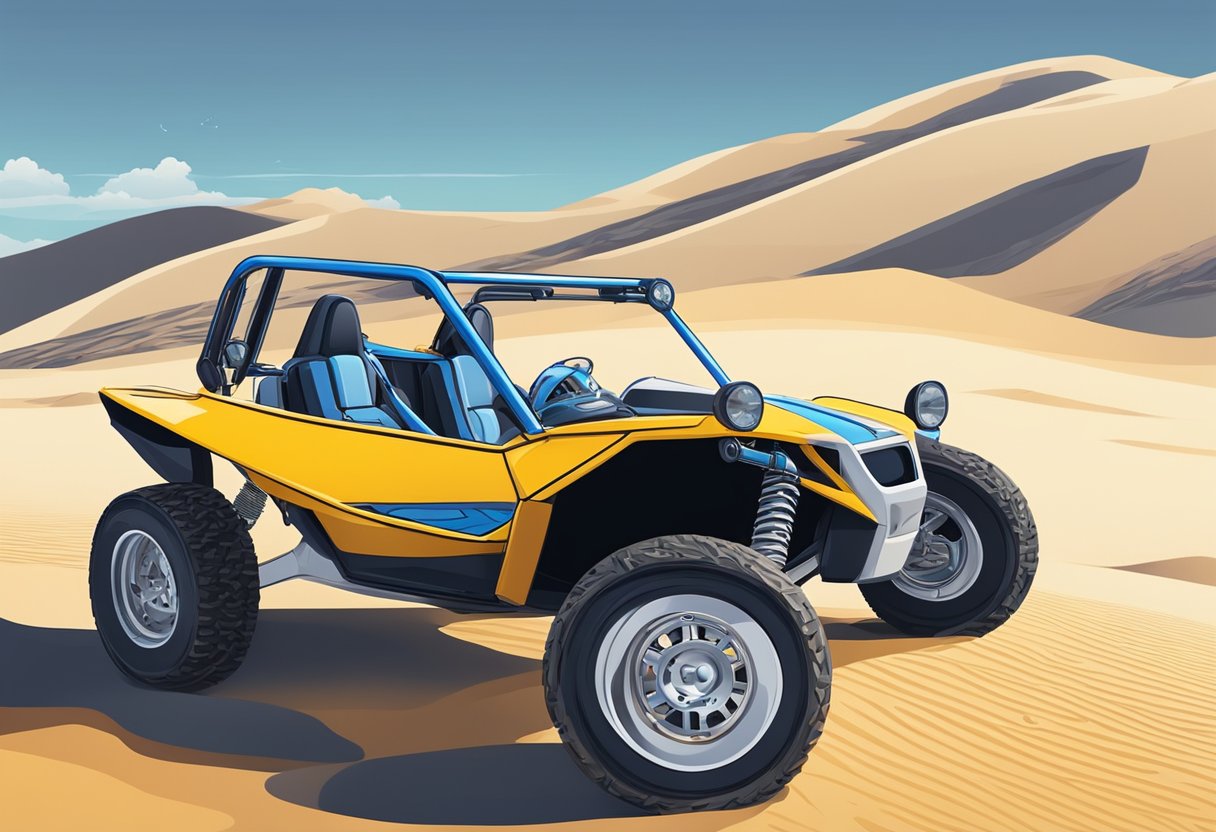 A 2 seater off-road dune buggy parked in a rugged desert terrain, with a backdrop of sand dunes and a clear blue sky