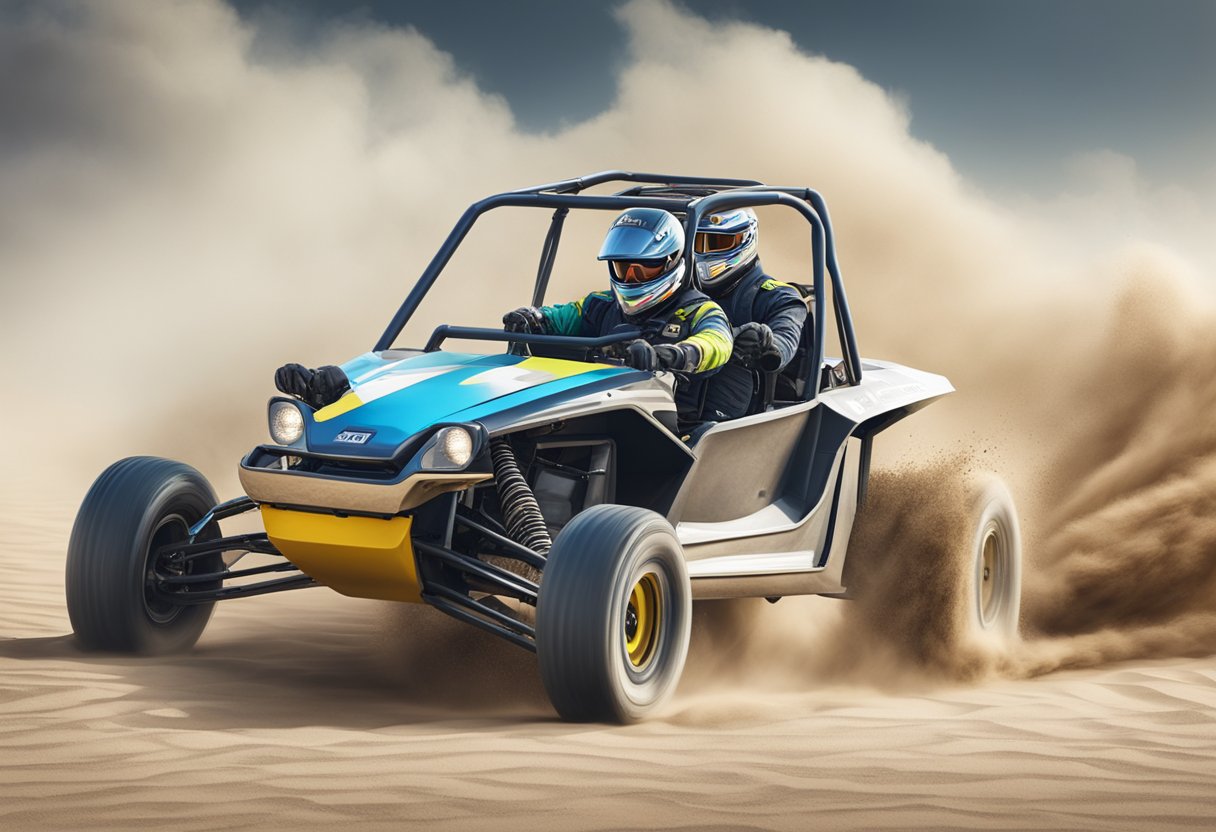 A 2-seater off-road dune buggy races ahead of its competitors, kicking up clouds of sand and leaving them in the dust