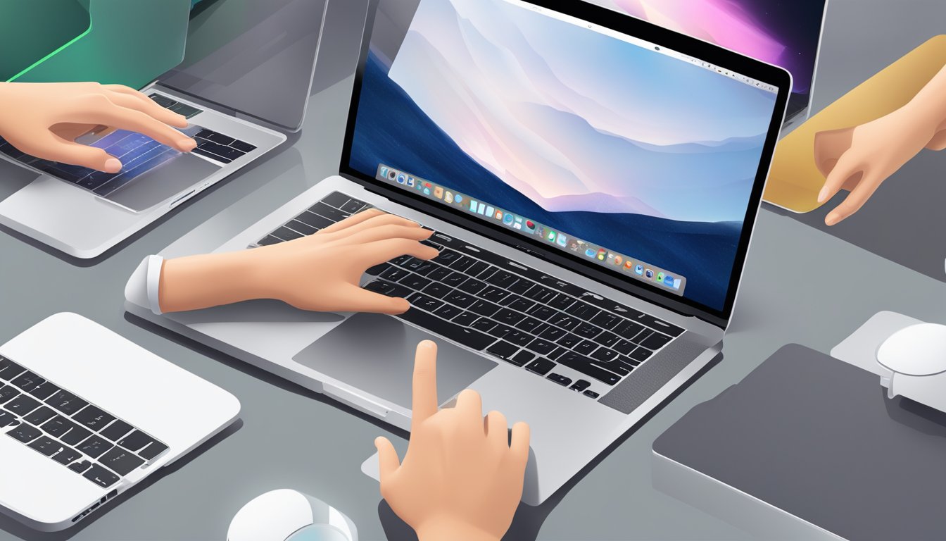 A hand reaches for a refurbished MacBook, surrounded by various models on a table. The MacBook is in pristine condition, with a sleek design and a glowing Apple logo on the back