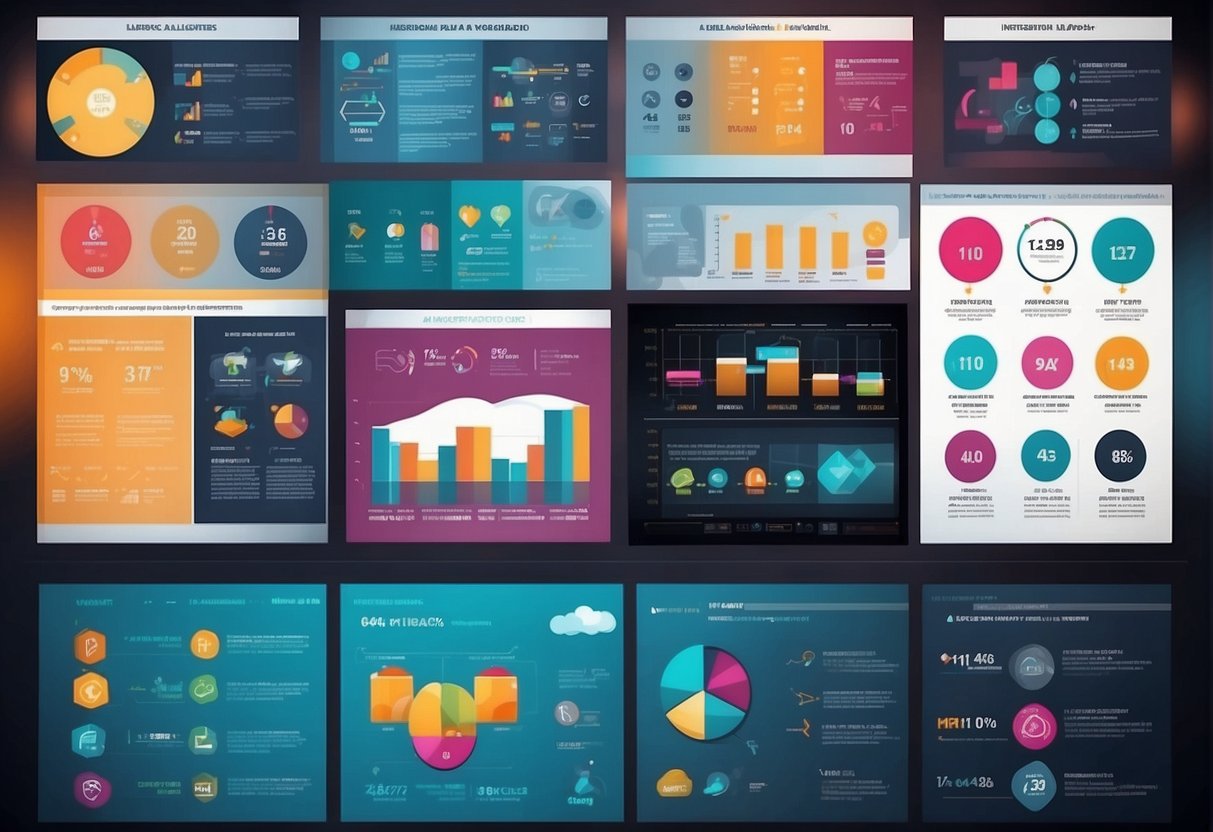 Various AI infographic generators displayed on a digital screen with colorful charts, graphs, and icons