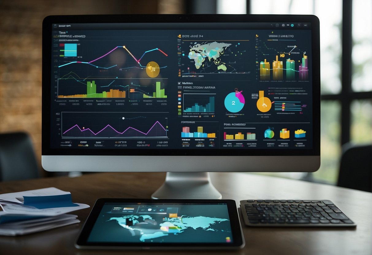 A computer screen displaying various infographic templates with a user interface for customization. Colorful charts, graphs, and icons are visible