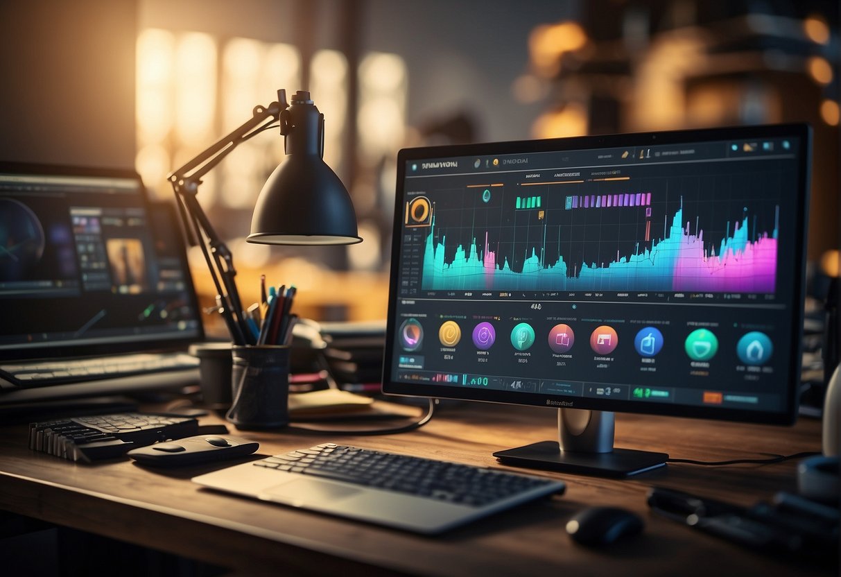 Various design tools and features surround a computer monitor, including a stylus, color palette, and infographic templates