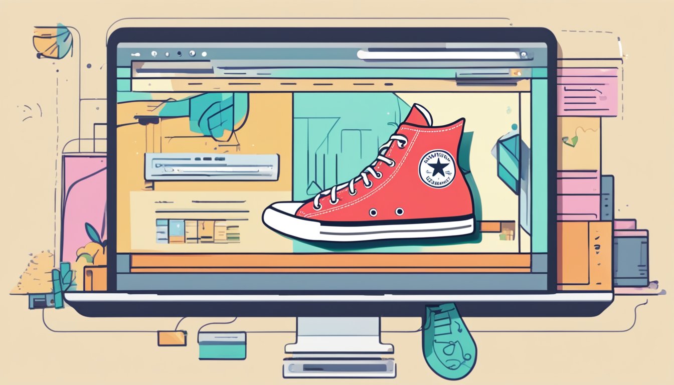 A computer screen displaying a website with various Converse shoe options. A cursor hovers over the "Add to Cart" button