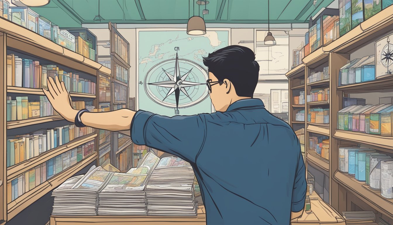 A hand reaching for a compass in a Singaporean store. Shelves of maps and travel guides in the background
