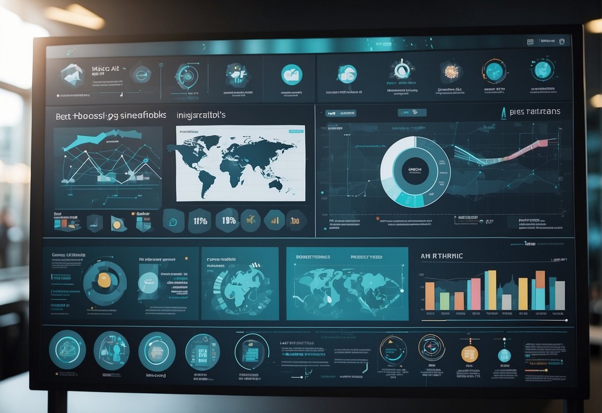 Various AI infographic tools displayed on a digital screen. Icons and charts illustrate data. Text reads "Best AI infographic generators."