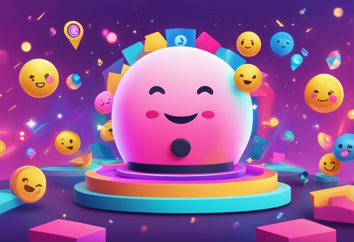 A colorful and vibrant virtual stage with a live ticker showing increasing TikTok views, surrounded by excited emojis and comments