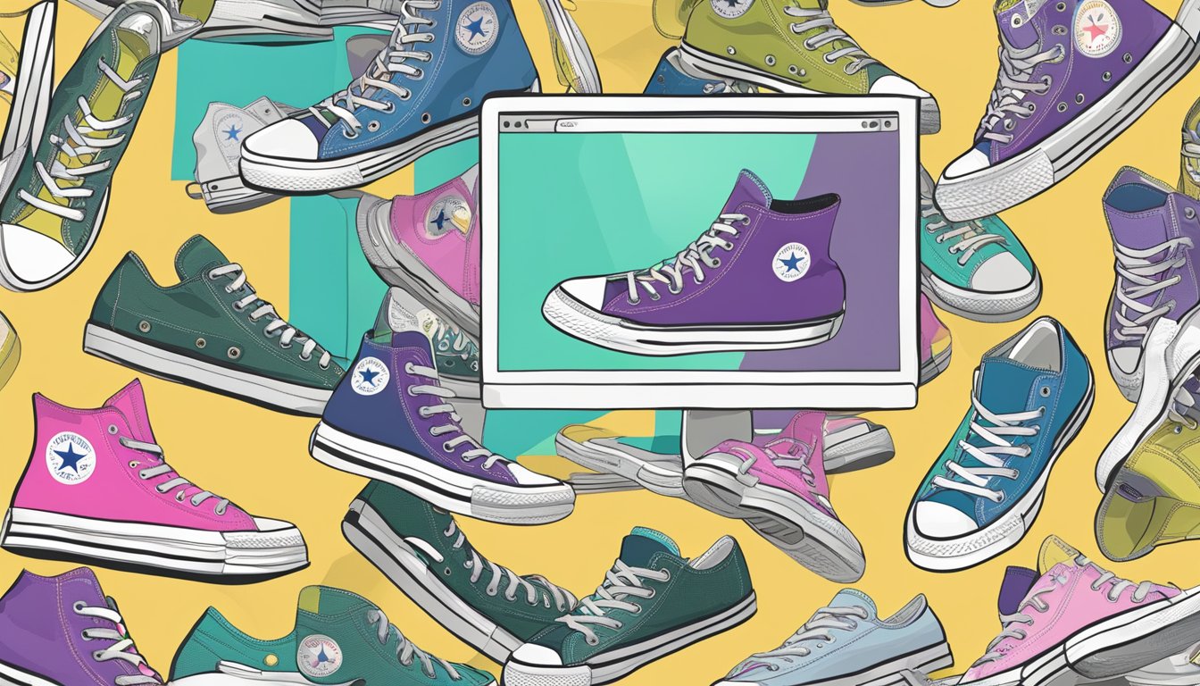 A computer screen displaying a variety of Converse shoes on an online shopping website, with a cursor clicking on a pair