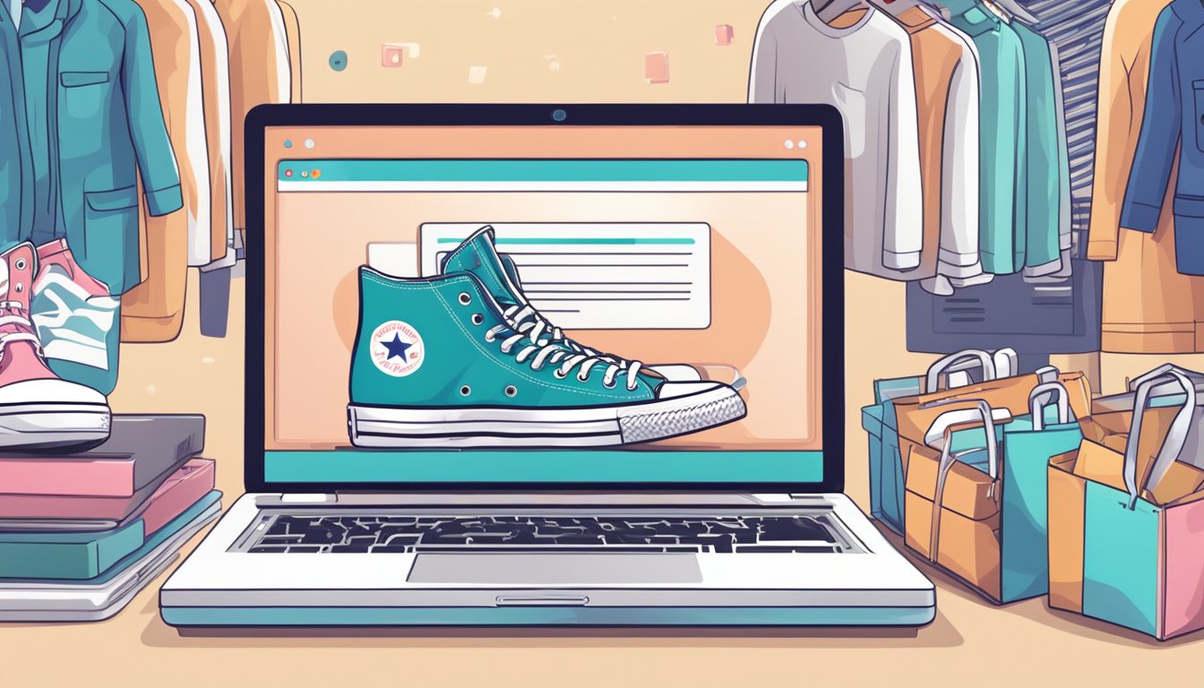 A laptop displaying an online shopping website with a pair of Converse shoes in the cart, surrounded by various other items and a seamless checkout process