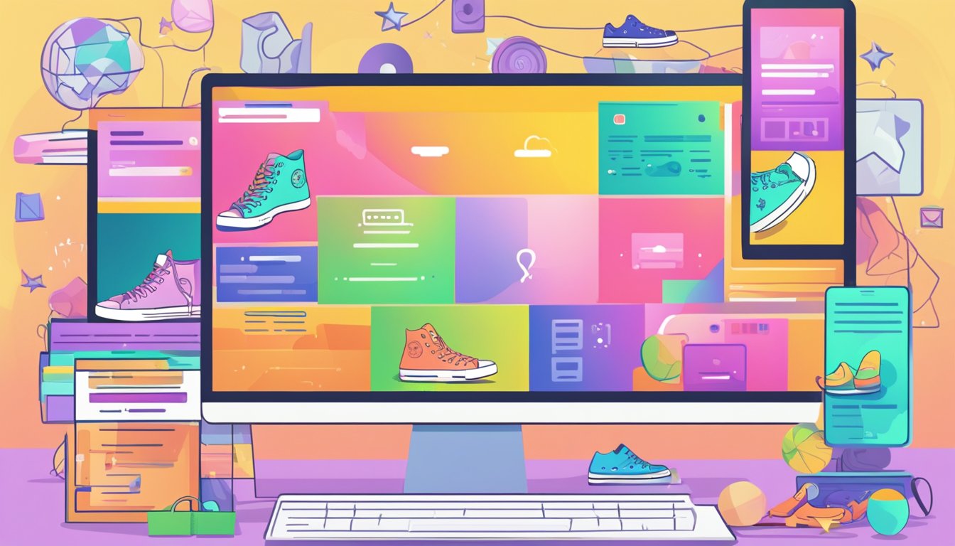 A computer screen displaying a webpage with the title "Frequently Asked Questions buy converse shoes online" surrounded by colorful images of different shoe styles and a search bar