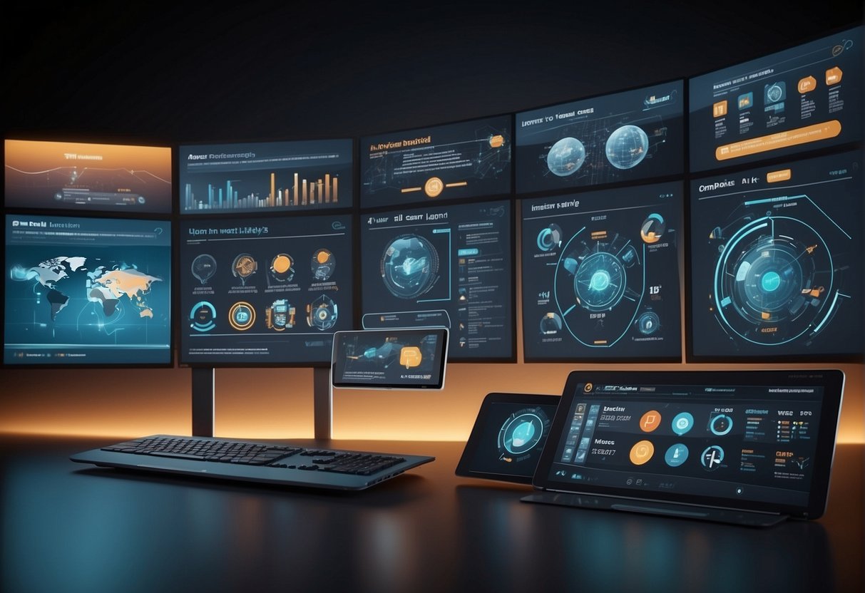 A computer screen displaying various AI infographic templates, surrounded by user-friendly interface elements