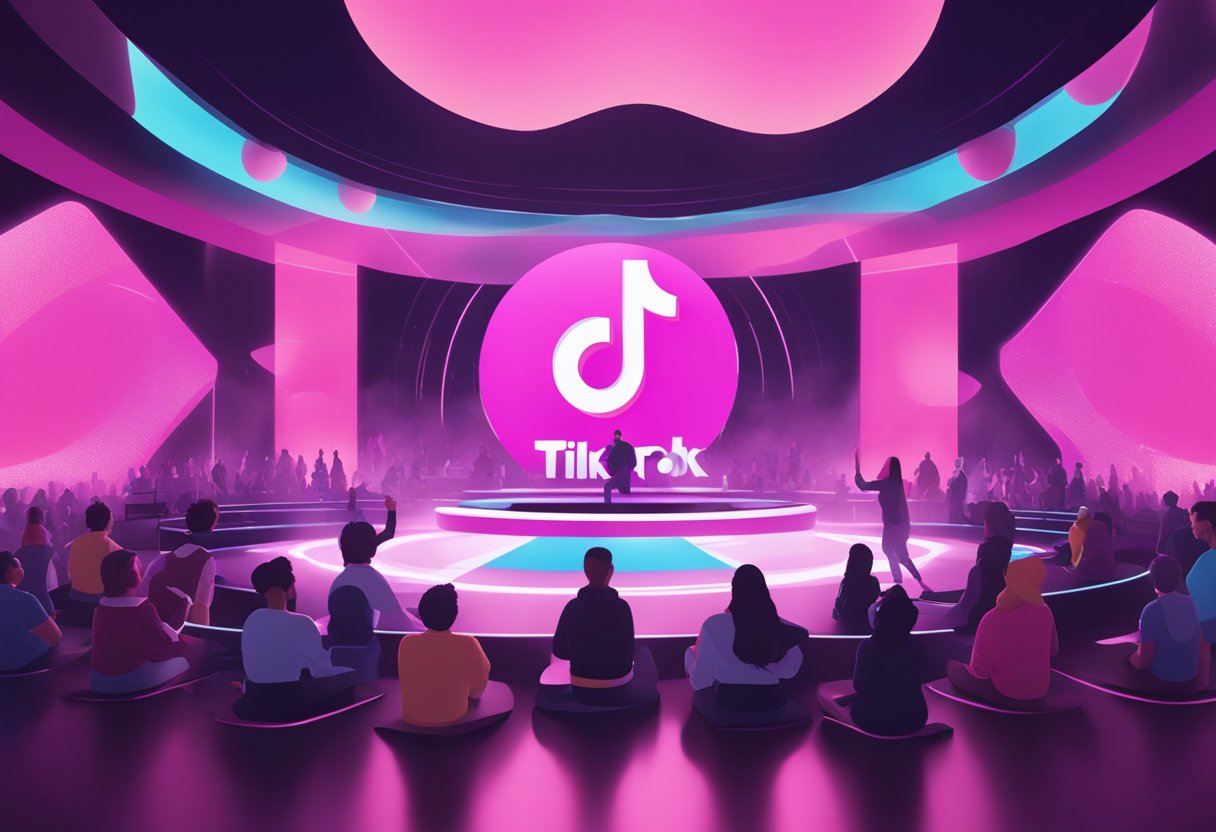 A futuristic virtual stage with TikTok Live logo projected, surrounded by a digital audience of live views