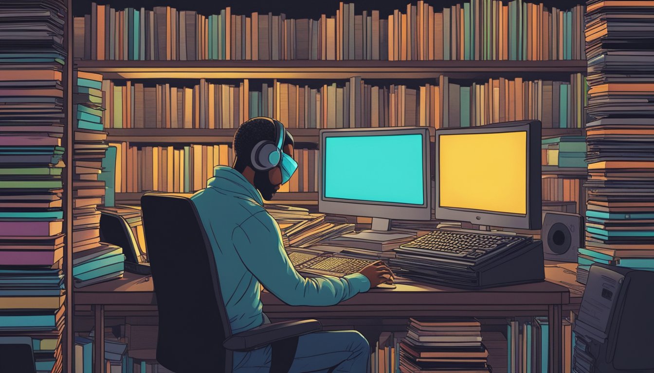 A person browsing a computer screen, surrounded by stacks of vinyl records. The glow of the screen illuminates their face as they explore online vinyl havens