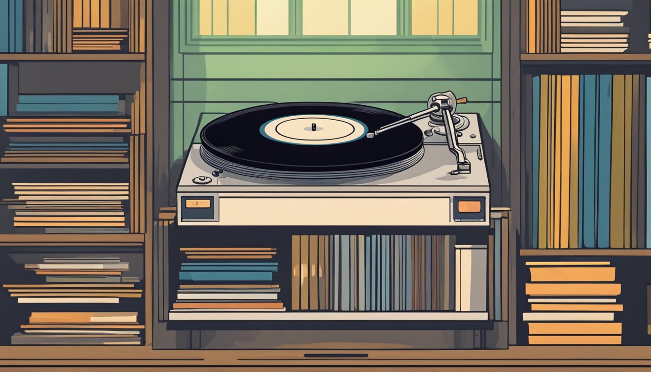 A turntable spins a vinyl record as the needle gently glides across the grooves, emitting warm, rich music. A collection of vinyl records is displayed on a shelf nearby, ready to be added to the collection