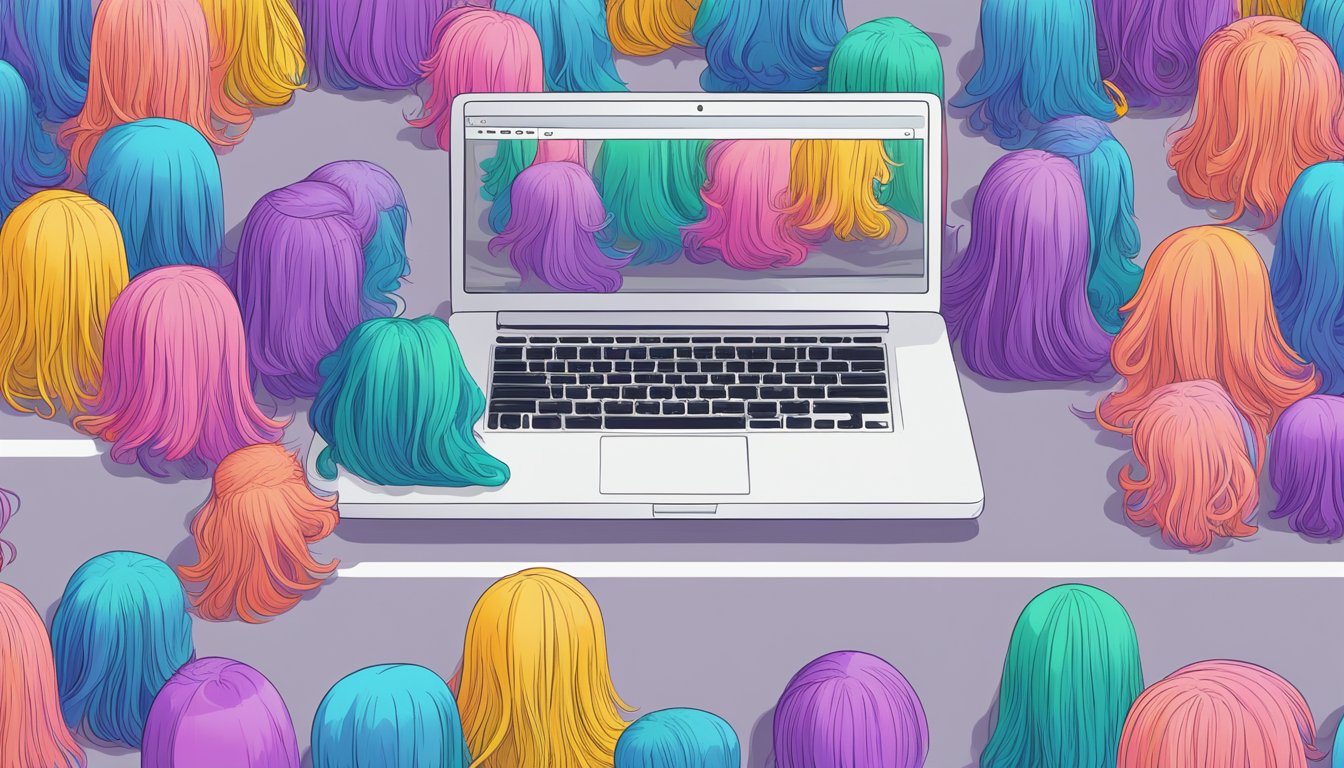 A laptop with a colorful array of wigs displayed on a website, a cursor hovering over the "buy now" button