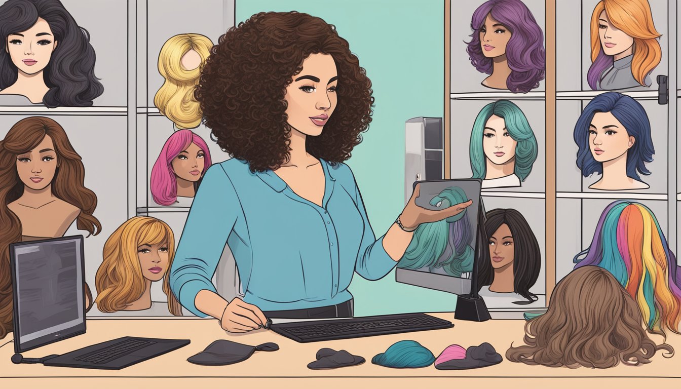 A woman browses a variety of wigs online, carefully examining different styles, colors, and lengths before making her selection