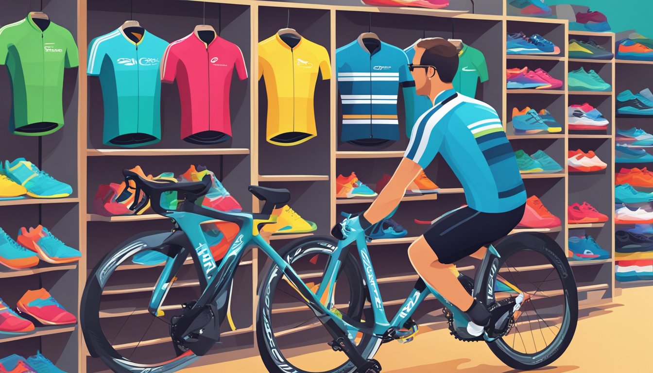 A cyclist carefully selects a vibrant jersey from a rack in a cycling shop. The jersey features bold colors and sleek, aerodynamic designs