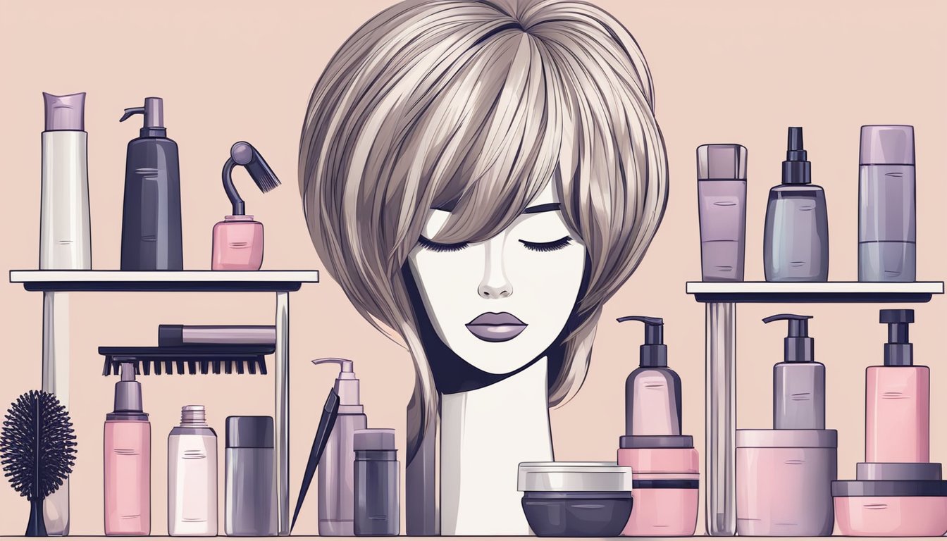 A wig stand holds a neatly styled wig, surrounded by a collection of hair care products and a brush. A gentle breeze ruffles the wig's strands
