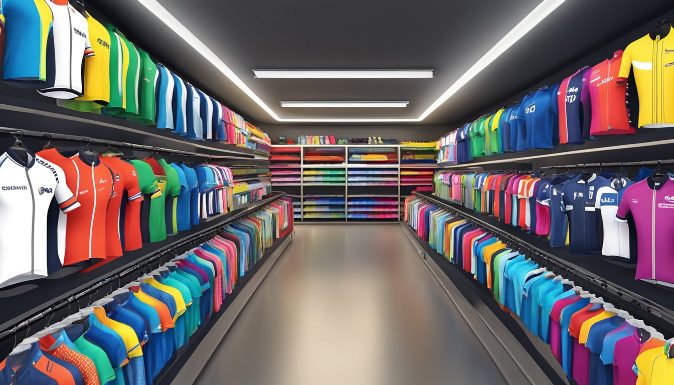 A colorful display of cycling jerseys at a sports store in Singapore. Brightly patterned fabrics and sleek designs catch the eye