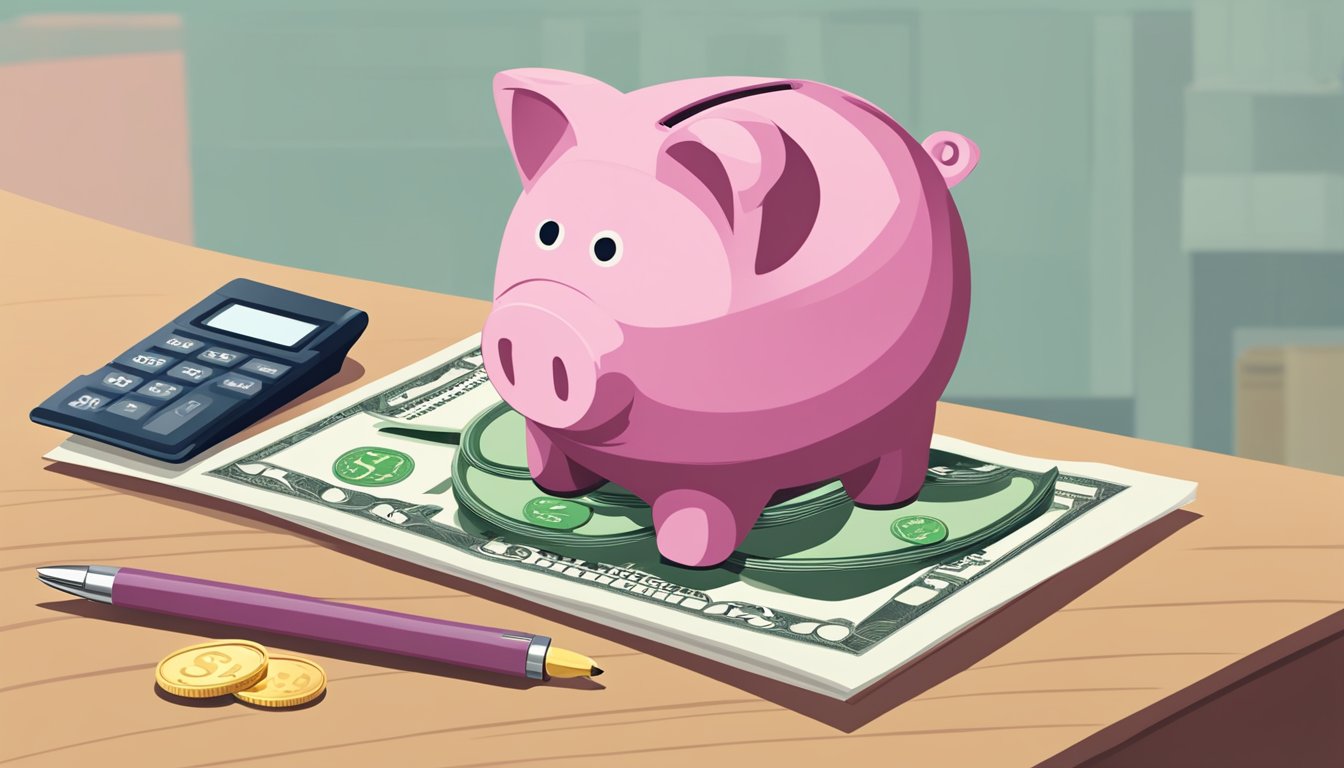 A piggy bank sits on a table, with a stack of coins and a dollar bill beside it. A POSB SAYE Account passbook is open nearby, with a pen resting on top