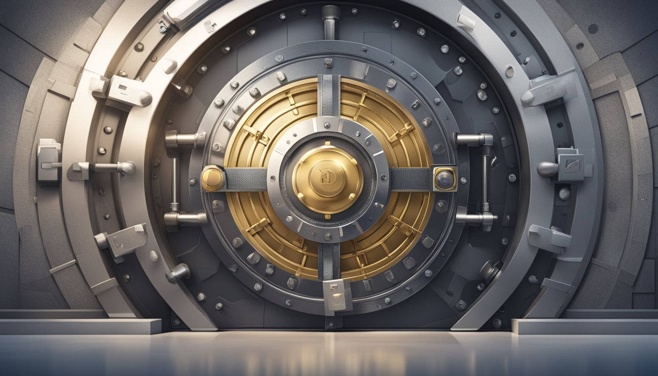 A sturdy bank vault with a prominent POSB logo, surrounded by high-tech security features and a reassuring sense of protection