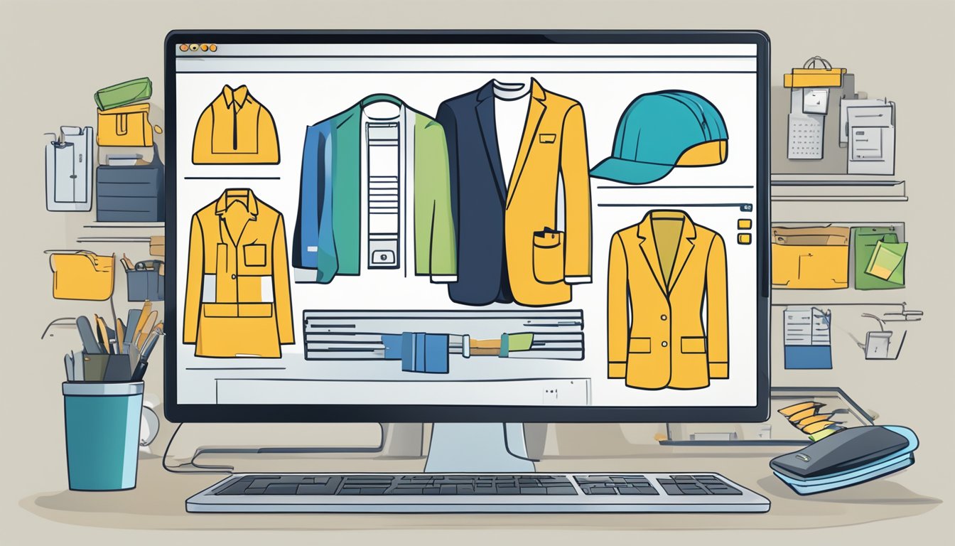 A computer screen displaying a variety of professional workwear options, with a cursor hovering over a "buy now" button