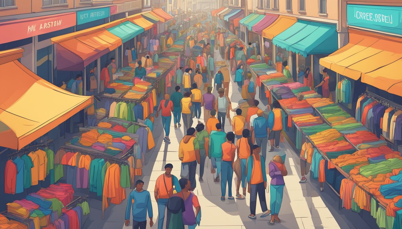 Crowded street market with rows of colorful stalls selling affordable clothing. Shoppers browsing racks of shirts, pants, and accessories. Bright signs advertising discounted prices