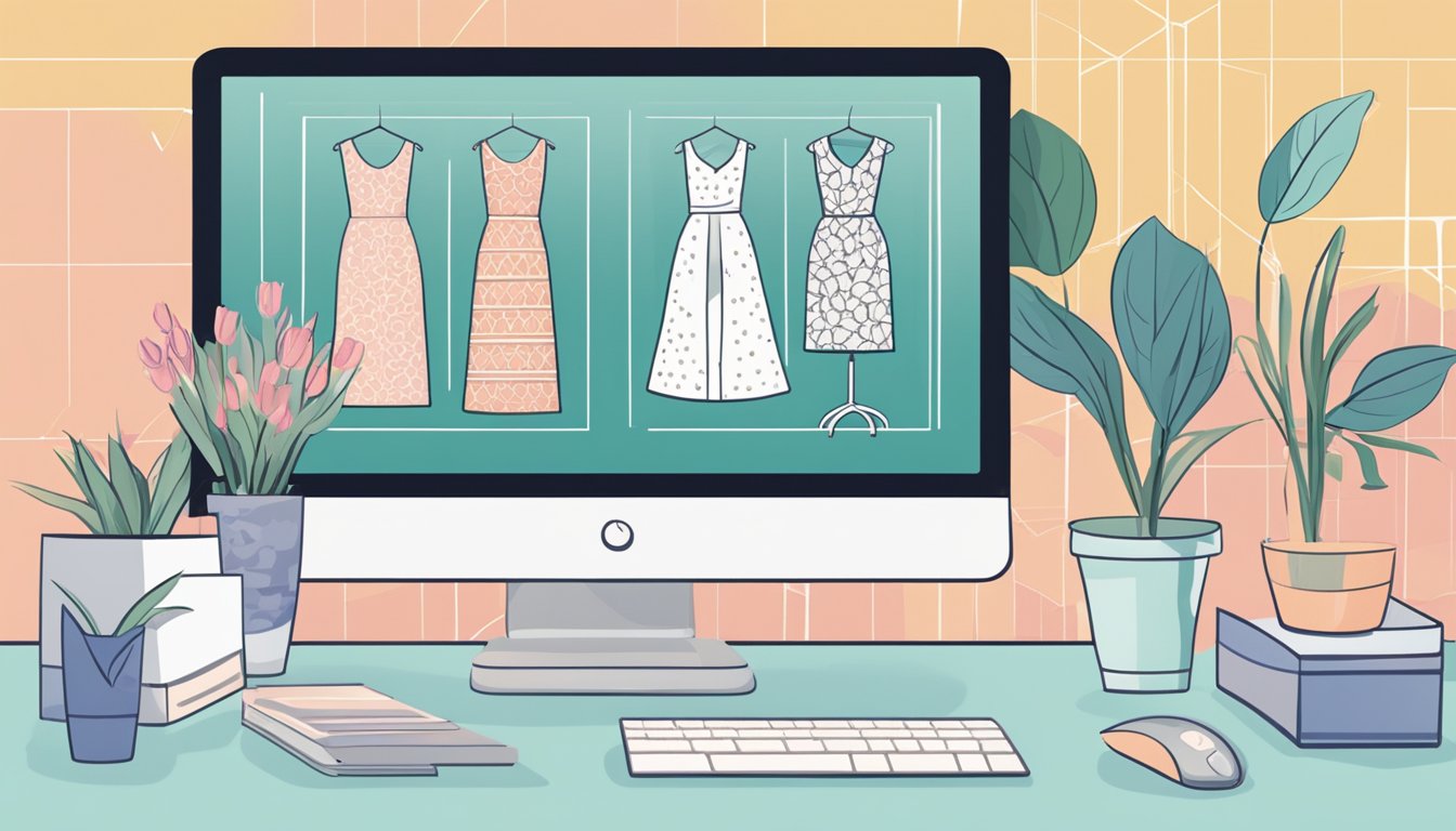 A hand reaches for a computer mouse, clicking on a website to buy dress patterns online. A variety of patterns are displayed on the screen