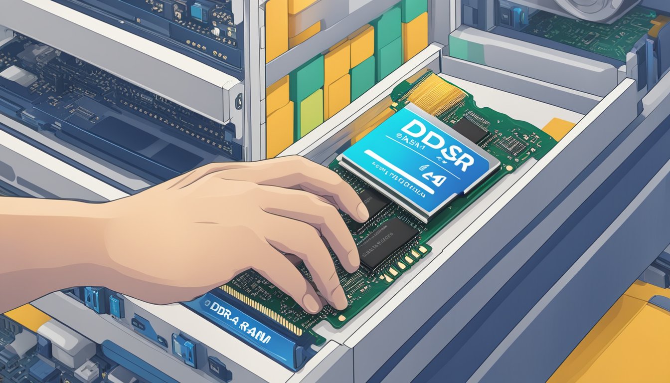 A hand reaches for a package labeled "DDR4 RAM" on a computer parts shelf. The packaging features the product name and specifications