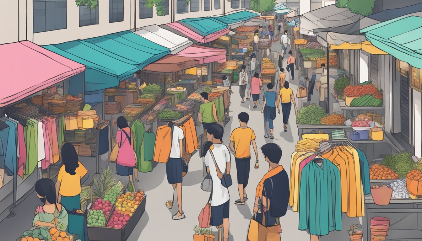 A bustling street market in Singapore, with colorful stalls selling affordable clothing. Shoppers browse racks of trendy items while vendors call out their latest deals