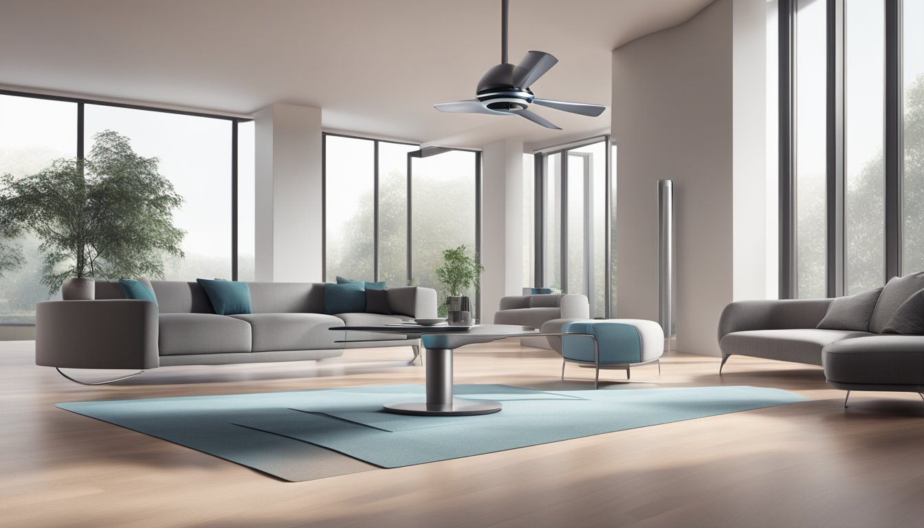 A sleek Dyson fan sits on a modern, minimalist table in a stylish living room. The fan's bladeless design and futuristic aesthetic exude sophistication and innovation