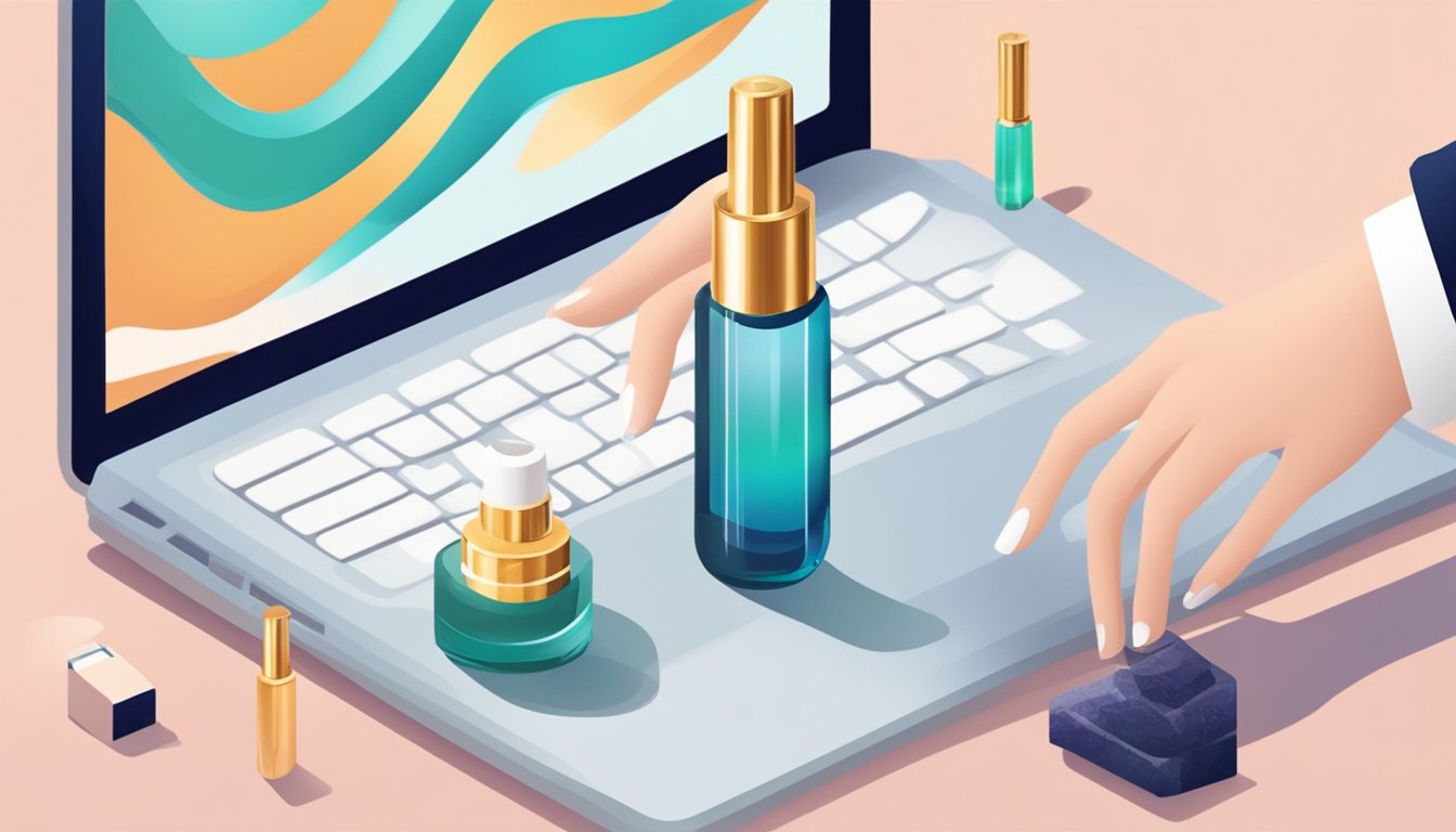 A hand reaching for a bottle of hair serum on a sleek, modern online shopping website