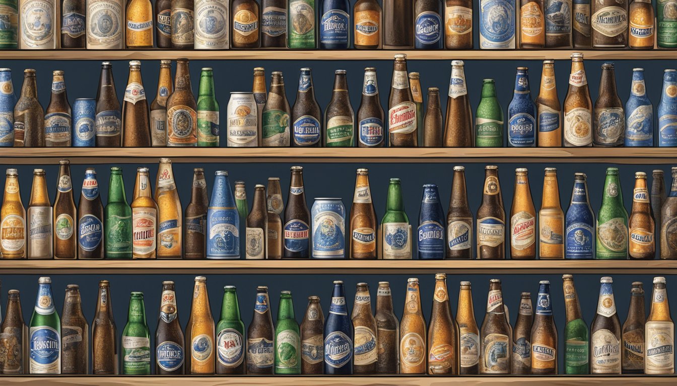 A hand reaches for a bottle of Erdinger Weissbier on a shelf, surrounded by other beer options